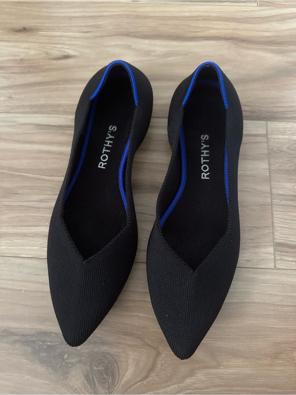 Rothy's Black Pointed Knit Flats with Royal Blue Trim